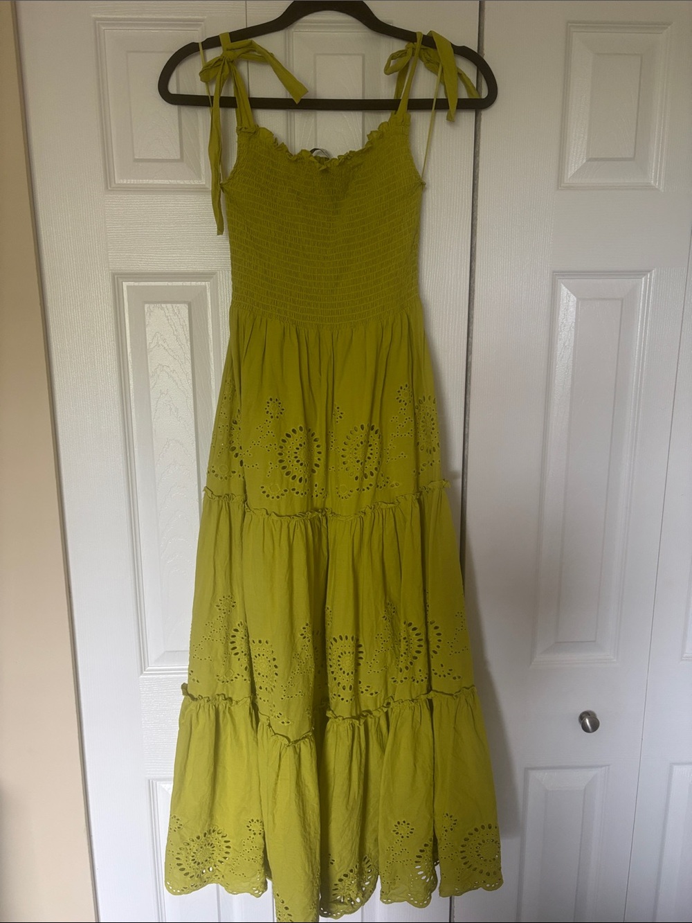Zara Lime Green Smocked Tie-Shoulder Eyelet Maxi Dress